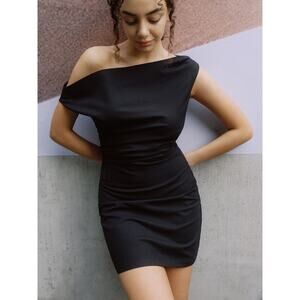 Commense Minimalist Chic Posh Spice Linen Blend Off Shoulder Mini Black Dress M